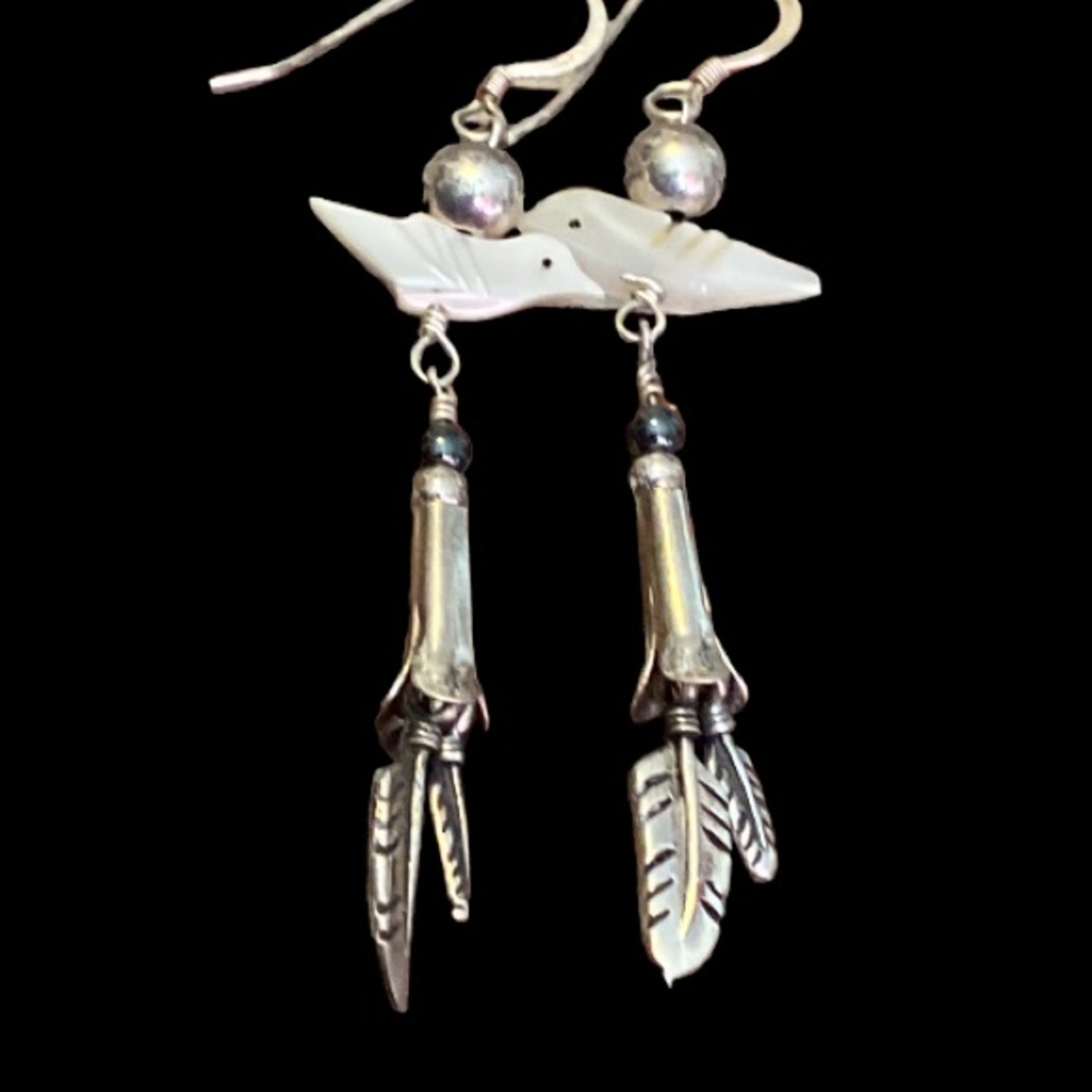 Masha Sterling Squash Blossom Feather Bird Earrings